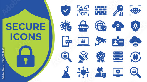 Secure icons featuring a large padlock represent digital defense, network.