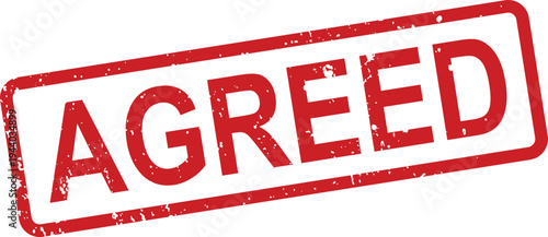 A vintage style red rectangular rubber stamp vividly displays the bold word AGREED on a bright white surface