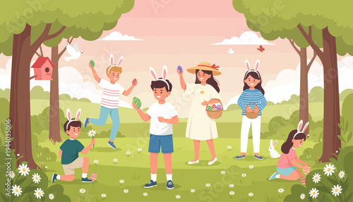 Children play with bunny ears outdoors in a park on a sunny day