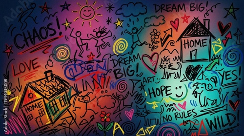 Heavy naive marker doodles layered on cinematic gradient backdrop