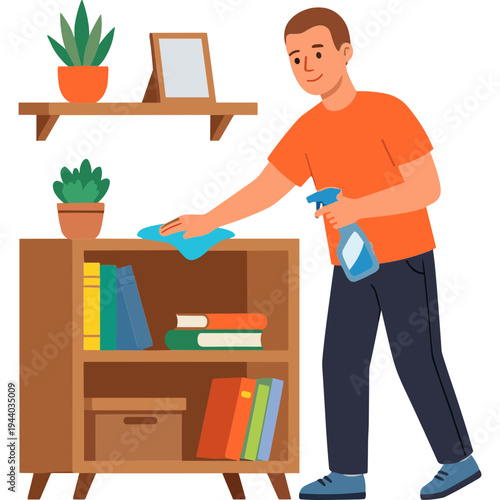 Man cleaning bookshelf with spray and cloth at home