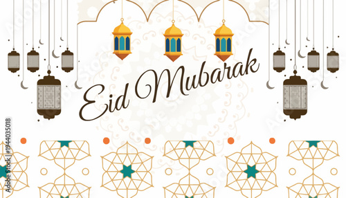 Eid Mubarak Celebration with Lanterns and Islamic Patterns Decorations