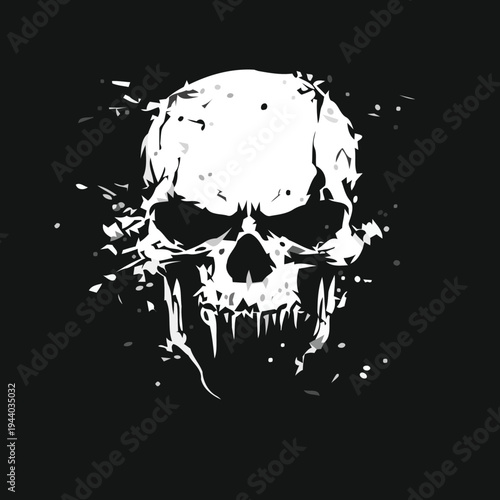 A white skull illustration with splatters on a black background represents a creepy scene.