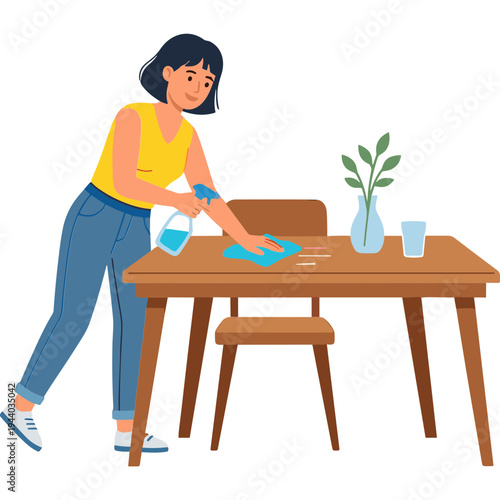 Woman cleaning a wooden table with a blue cloth in a kitchen.