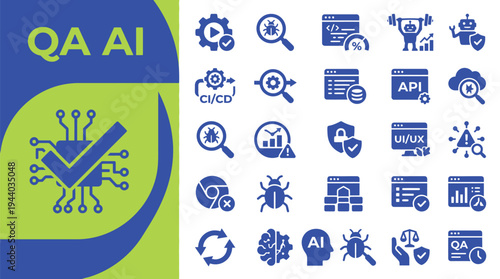 Quality assurance artificial intelligence testing and validation icons are.