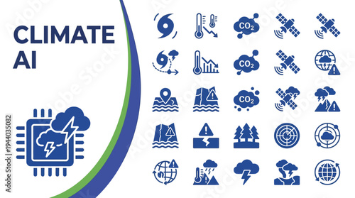Climate artificial intelligence monitoring and analysis icons show.