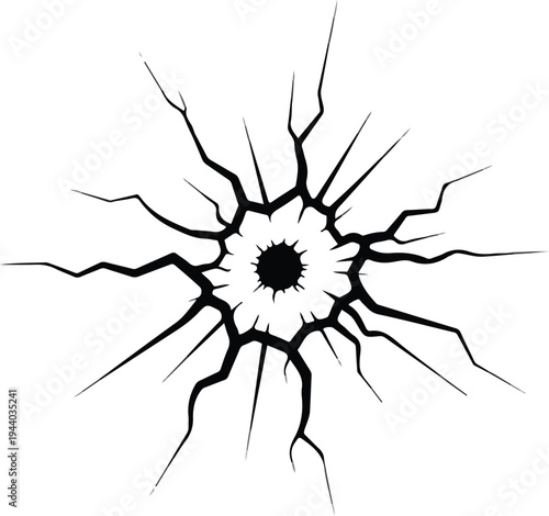 Vector Illustration of a Black Cracked Hole with Sharp Rays on a White Background, Graphic Design Element