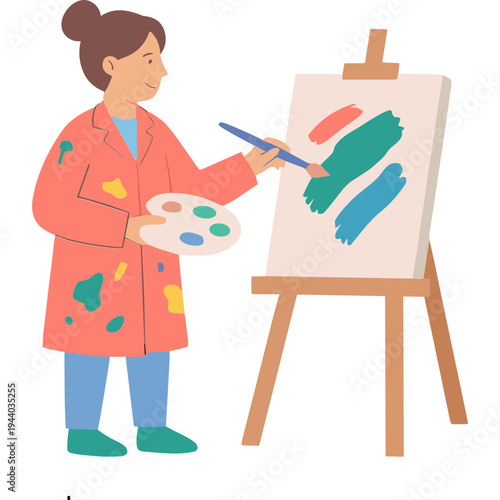 A woman is painting on an easel with a brush and palette indoors.