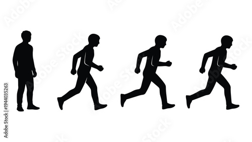 A sequence of four black silhouette figures engaged in running, depicting various stages of motion and movement