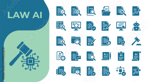 Law AI icons represent digital document review and automated legal research.