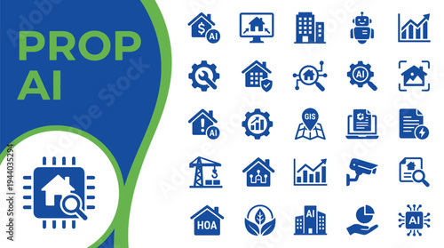 Prop AI icons detail smart real estate management and property technology.