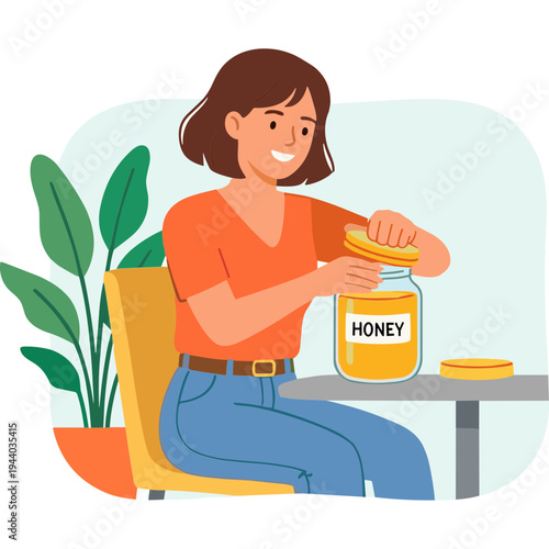 Woman sitting indoors opening a honey jar with a plant nearby.