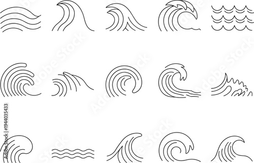 Stylized Wave Icons In A Simple Line Art Style water ocean