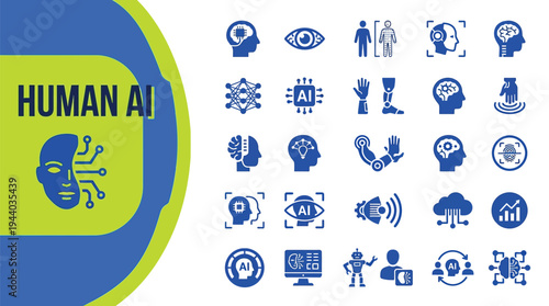 Human AI icons showcase concepts of cognitive function, artificial.