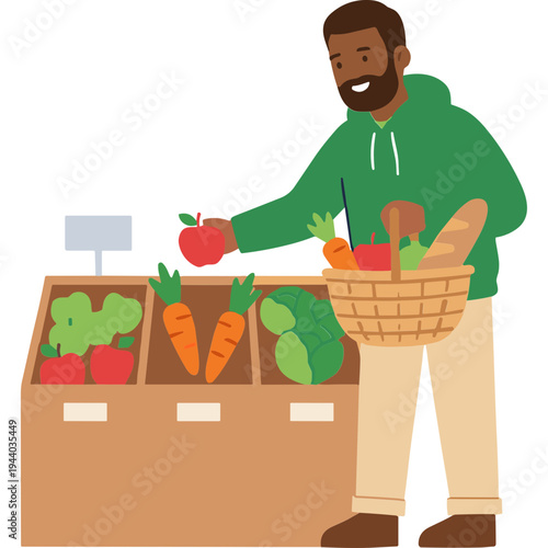 Man buying fresh produce at outdoor market with basket and fruits