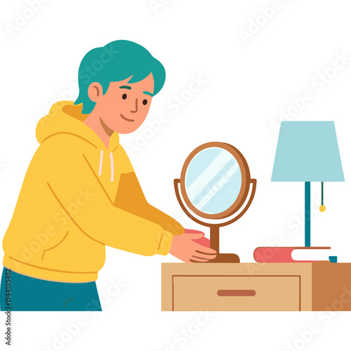 Teenager examines reflection in standing mirror next to lamp on dresser