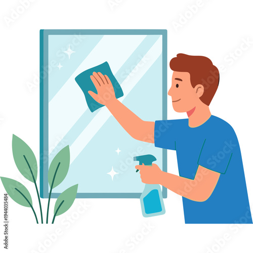 Man cleaning a window with a cloth and spray bottle indoors