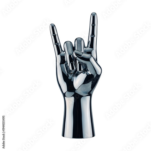 A shiny metallic hand making a rock gesture on transparent background