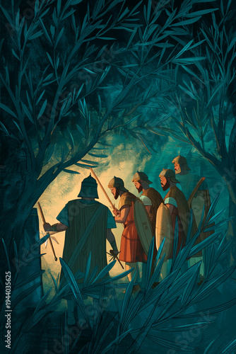 Roman Soldiers in Gethsemane searching among olive branches with torches during dramatic night arrest of Jesus