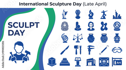Sculpture Day icons display various artistic tools, famous statues,.