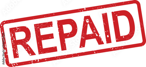A weathered red REPAID rubber stamp on white signifies a completed payment or debt resolution