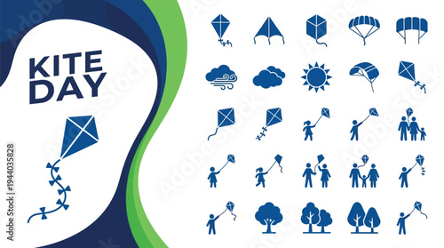 Kite Day celebration icons feature various flying objects and outdoor.