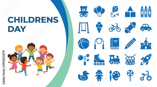 Joyful group of diverse children celebrates happy childhood play and fun.