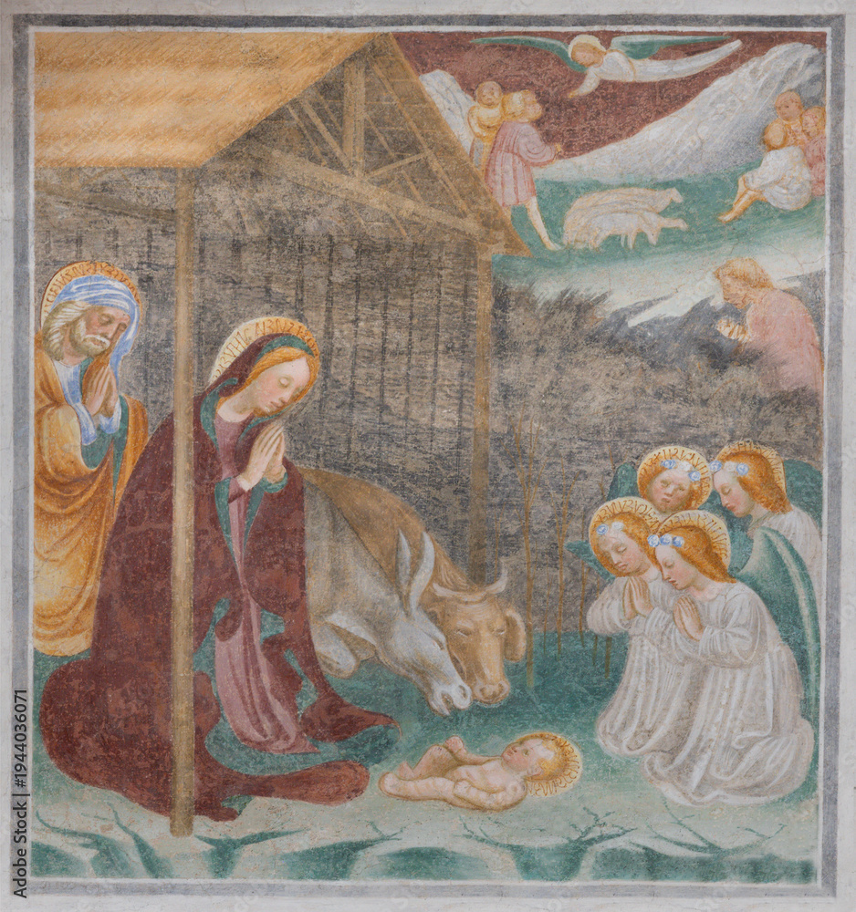 Obraz premium NOVARA, ITALY - JANUARY 16, 2026: The fresco of Nativity in the church Chiesa di San Nazaro by gothic school from Lombardy from 15. - 16. cent.