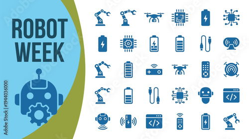 Robot week banner design features various icons related to automation.