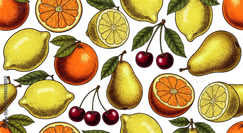 Vibrant seamless vector fruit pattern featuring zesty lemons, sweet oranges, ripe pears, and cherries, perfect for culinary and fresh food designs