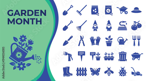 Garden month icons include essential tools like shovels, watering cans,.