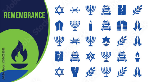 Remembrance icons feature a central flame and various symbols of Jewish.