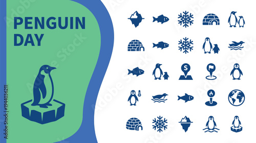 Penguin standing on ice floe illustrates arctic animal awareness event icons.