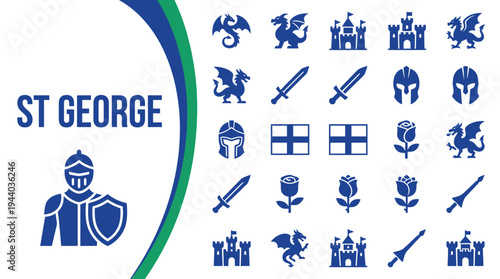 Saint George themed icon set displays medieval symbols for holiday.