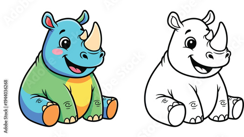 Cute cartoon smiling rhino sitting down. Colorful illustration and black and white outline version for children coloring book page vector.