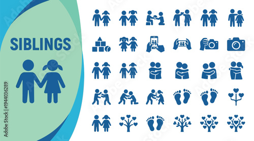 Siblings icon set illustrates concepts of childhood bonds, play, and family.