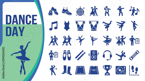 Dance day celebration graphic shows a ballerina next to various movement.