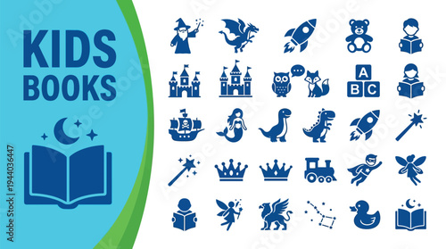 Kids books theme banner displays a magical open book next to fantasy icons.