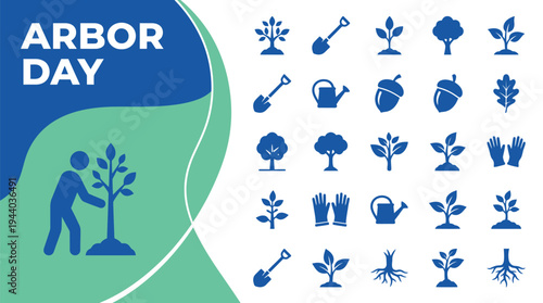 Arbor Day graphic features a person planting a sapling alongside many icons.