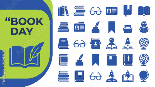 Open book with feather symbolizes World Book Day reading and learning icons.