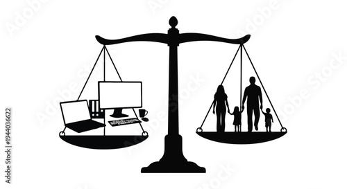 work life balance scale with family and office on white background