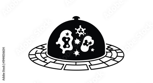 black and white illustration of a covered dish with food icons