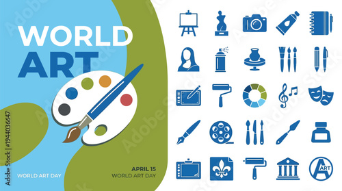 Palette and brush illustrate World Art Day theme with creative tool icons.