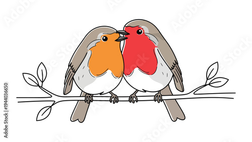 Lovebirds Perched on a Branch: Two charming robins, their colorful plumage, share an intimate moment on a delicate branch, symbolizing companionship and affection.