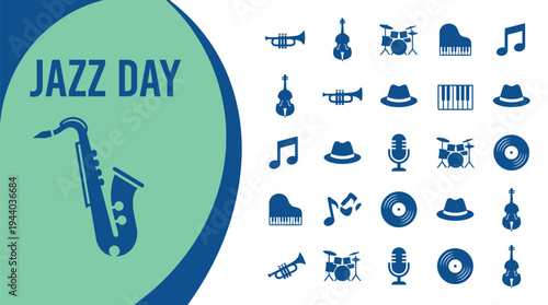 Saxophone and music icons celebrate International Jazz Day with blue.