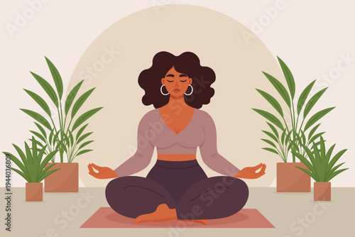 Plus size woman meditating at home with plants body positive girl vector illustration.