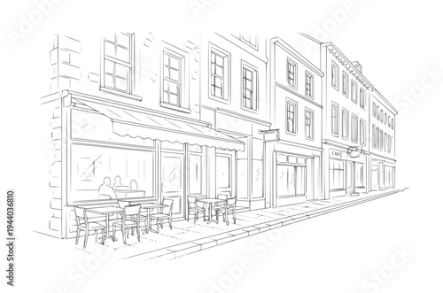 Line of a European cafe street scene with outdoor seating building architecture