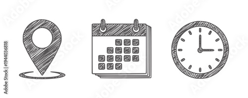 Location calendar and clock with sketchy texture date