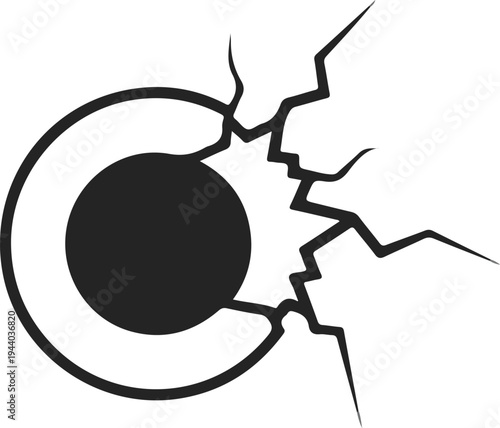 Symbol of a cracked circle with a dark center, representing damage or fragmentation, graphic design element