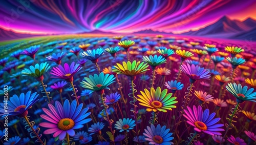 Psychedelic Flower Field Under Aurora Sky